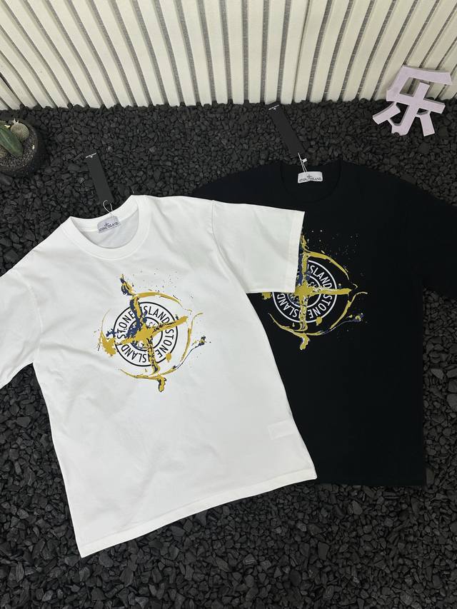Stone Island 25Ss chest compass cross logo large graffiti loose casual short-sle