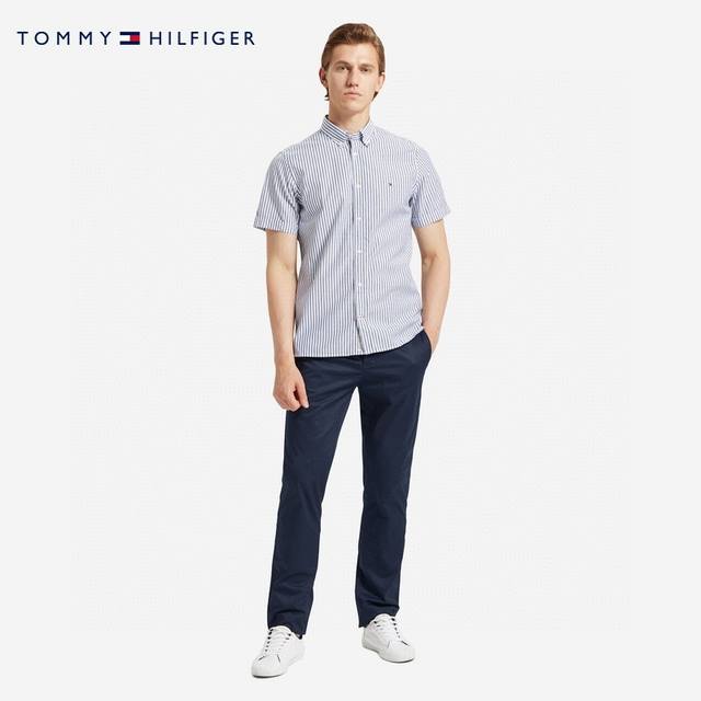 Tommy men's summer short-sleeved business casual striped shirt! Cotton fabric, r