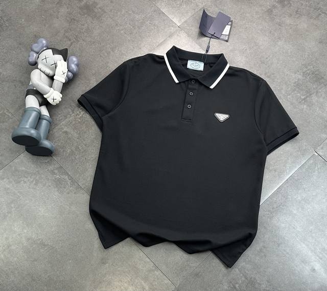 Trendy Prada triangle labeling process Polo shirt couple style short-sleeved T-s