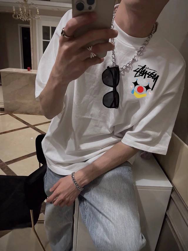 Stussy Stussy painted clown round neck short-sleeved half-sleeved T-shirt The fa