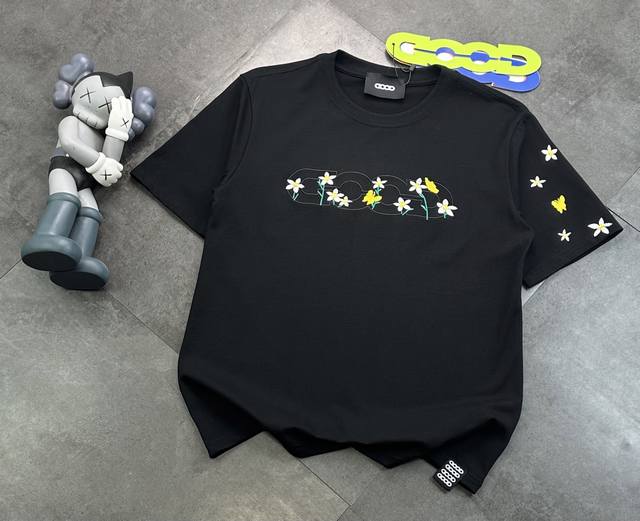Goodbrand flower embroidery embellished couple short-sleeved T-shirt! : 240G dou