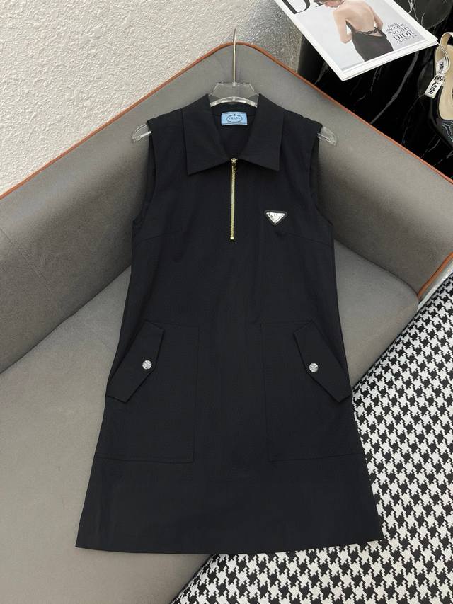 Prada custom letter triangle logo half zipper lapel sleeveless dress Style numbe