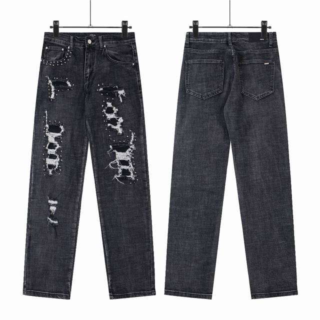 8193 Top version Amiri classic ripped orange beaded washed distressed skinny jea