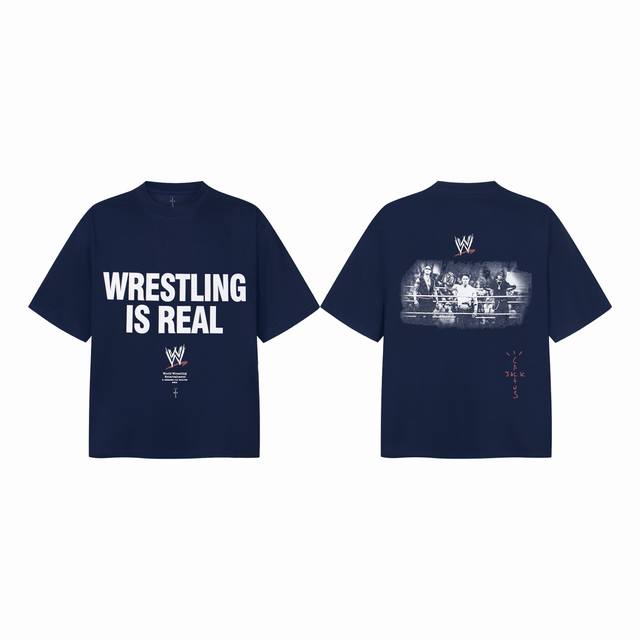 Tr14 Travis Scott X WWE Joint Model Ss25 Letter Printed Retro Short Sleeve T-shi