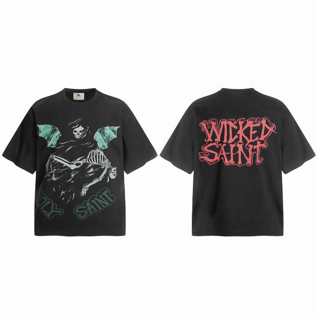 Vt9244 Saint Michael "Skull Death" punk style print retro washed distressed shor