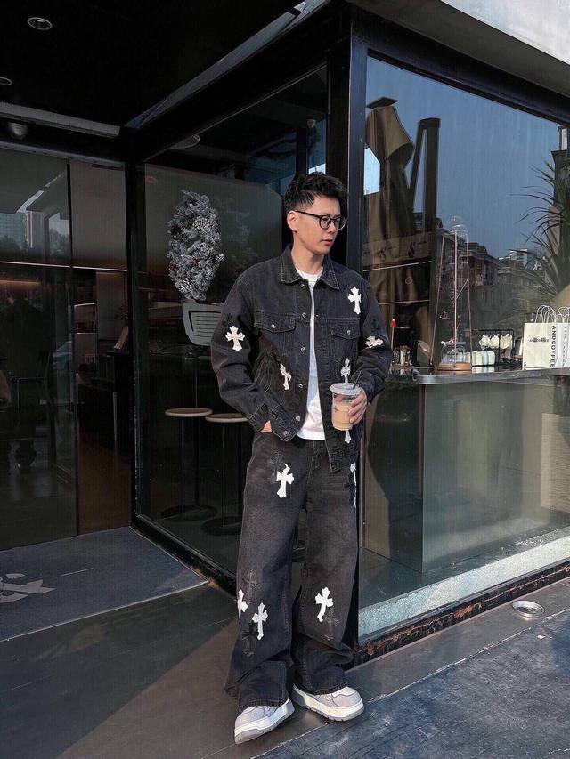 Leather Cross Denim Jacket High-end custom-made pure cotton denim, washed and di