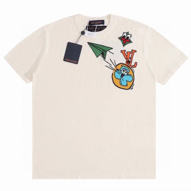 Lv New airplane jacquard round neck knitted short sleeves Color-dyed wool, carto