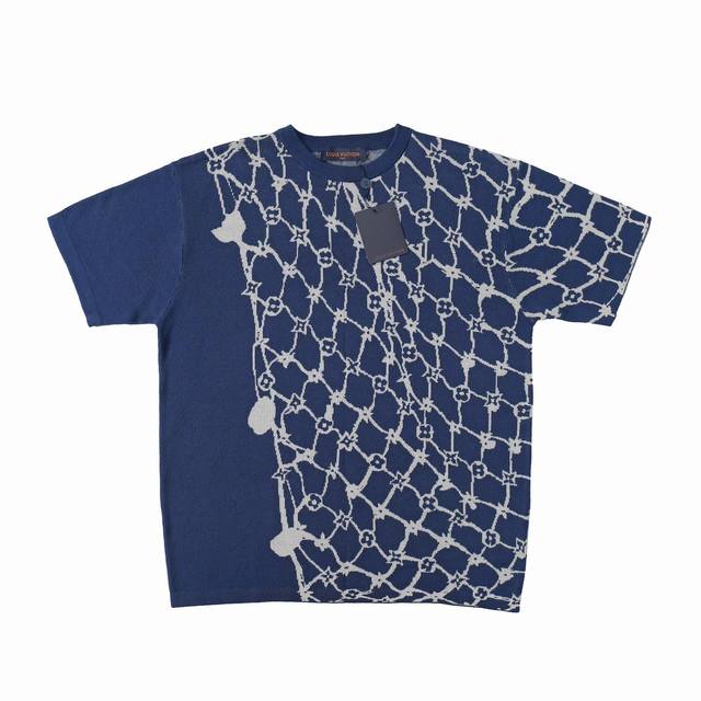 Lv Ss Spring/Summer New Nautical Fishnet Jacquard Knit Short Sleeve T-Shirt This