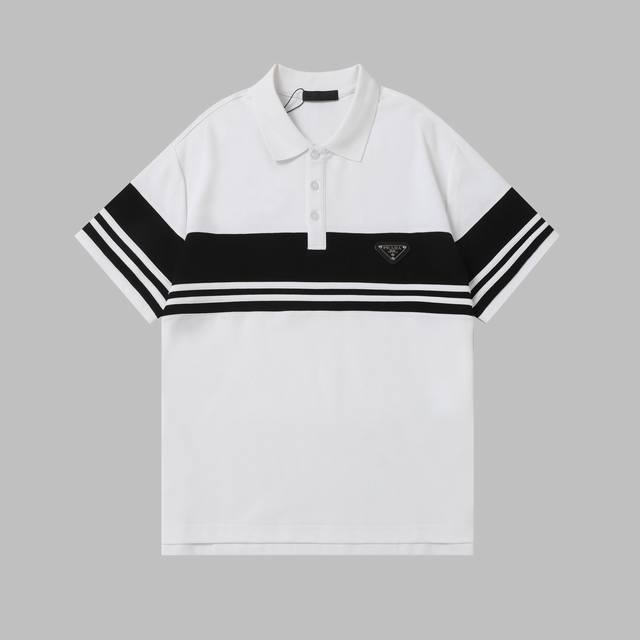 Prada Classic Striped Polo Short Sleeve T-shirt - Size: S, M, L, Xl - Color: Whi
