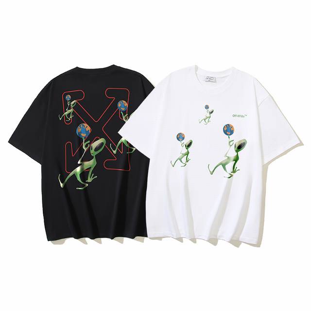 1195# Off-White pure cotton 260G heavy alien cartoon print short-sleeved T-shirt