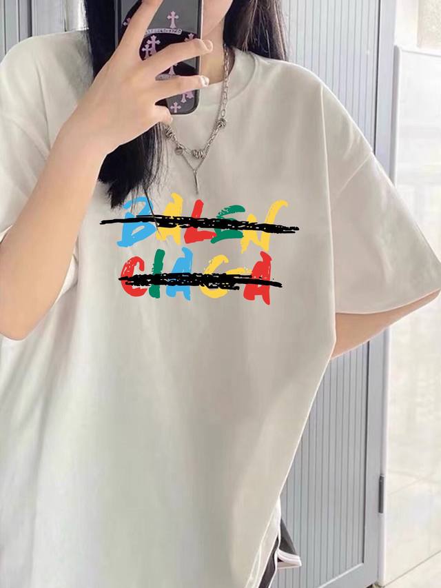 A238# Balenciaga Blcg Balenciaga colorful logo letter couple short sleeves Unise