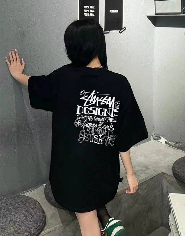 A228# Stussy flower letter round neck short sleeve half sleeve T-shirt The fabri