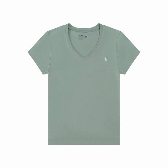 R Ralph Lauren Women's Slim Fit Summer Solid Color Pony Embroidered V-Neck Short