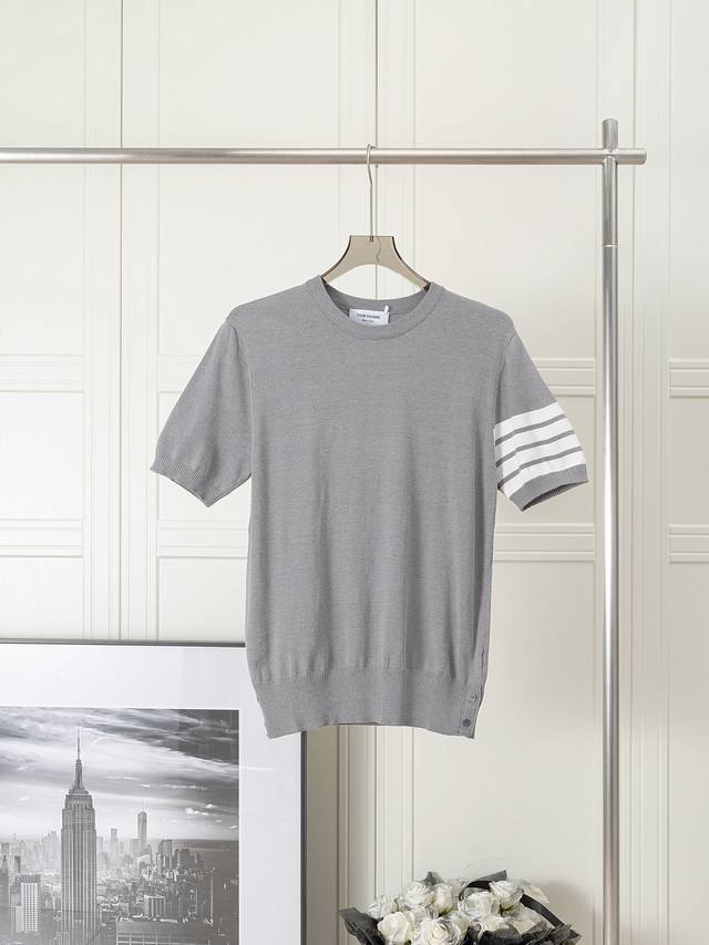 Classic four-bar ice silk round neck short sleeves Knitted wool blended ice silk
