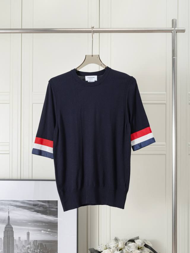 short-sleeved shirt with red, white and blue ice silk cuffs Thom Browne Tb knitt