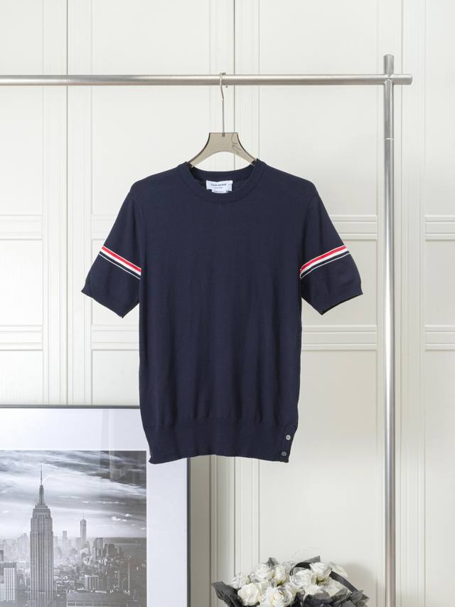 Classic double sleeves color striped ice silk round neck short sleeves Thom Brow