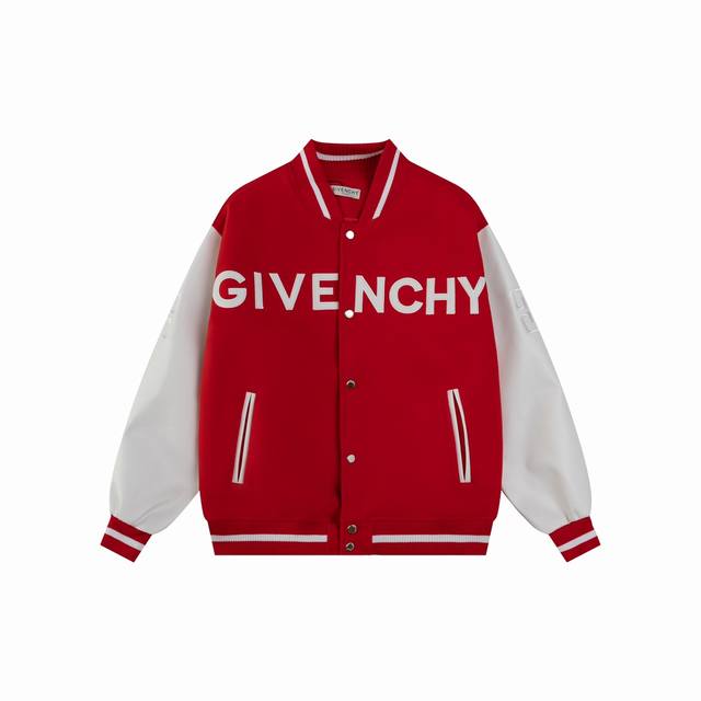 Style S08 Givenchy baseball jacket adopts bright red with white lychee pattern s