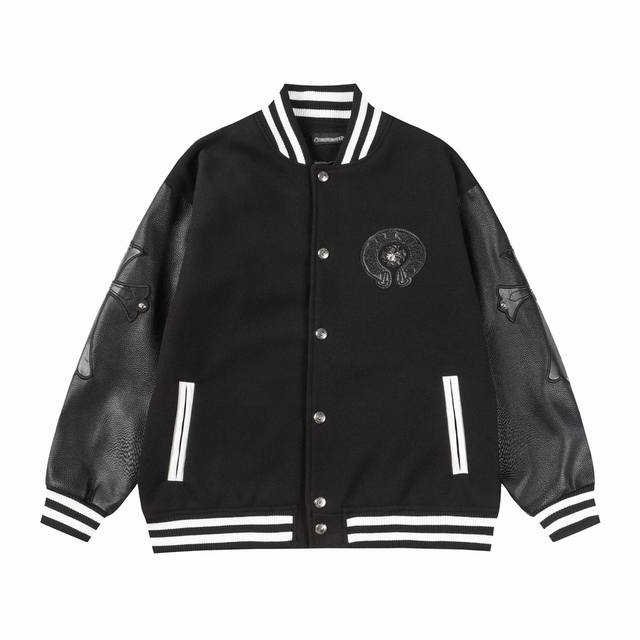 D15 Chrome Hearts classic horseshoe style leather embroidery baseball jacket - O