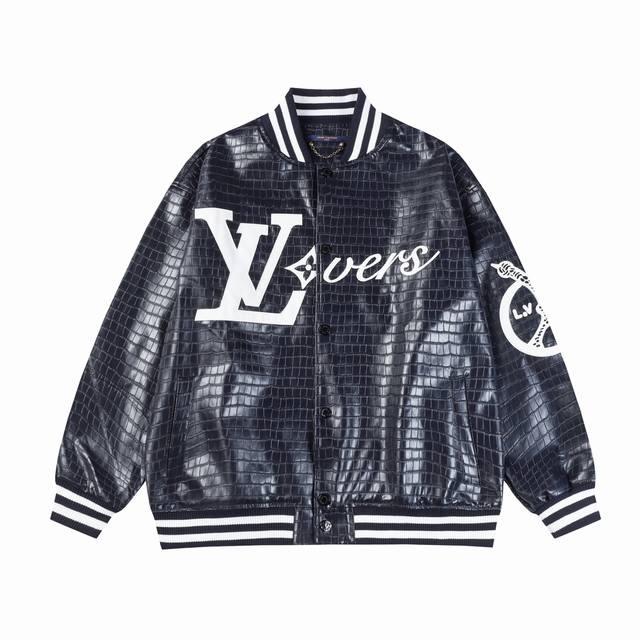 L3 Lv Fwss Embroidered leather baseball jacket -Embossing technology is used; ev