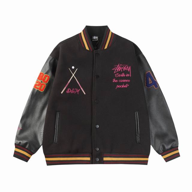 W12 Stussy Black Eight Baseball Jacket uses towel embroidery technology to resto