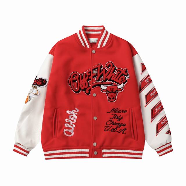 W05 Offwhile Xnba Bulls towel embroidery baseball jacket 700G dragon and phoenix