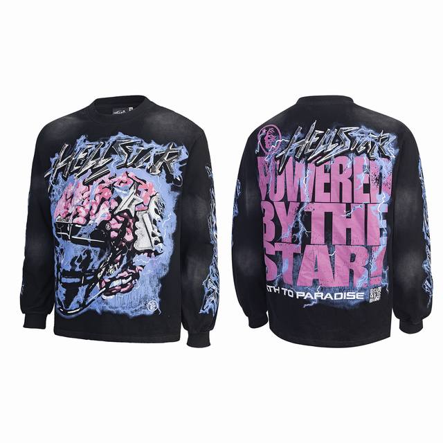 H01# Hellstar American Fashion Hell Star High Street Retro Long Sleeve T-shirt C
