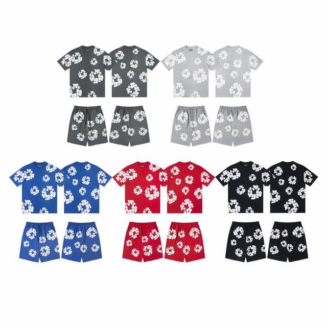 D307# Top D308# Shorts Denim Tears Kapok Foam Print Short Sleeve Shorts Set 34 D