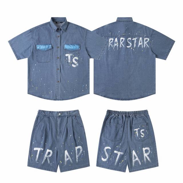 T76# Trapstar American retro denim shirt and pants suit 18 S-Xl denim blue
