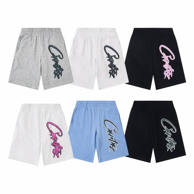 C222# Corteiz Alcatraz Basic Sweatpants Shorts Black Print Pink Black Print Gray