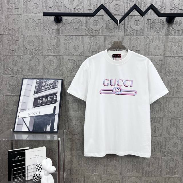 Gucci boutique simple letter logo belt printing process 330g round neck short-sl