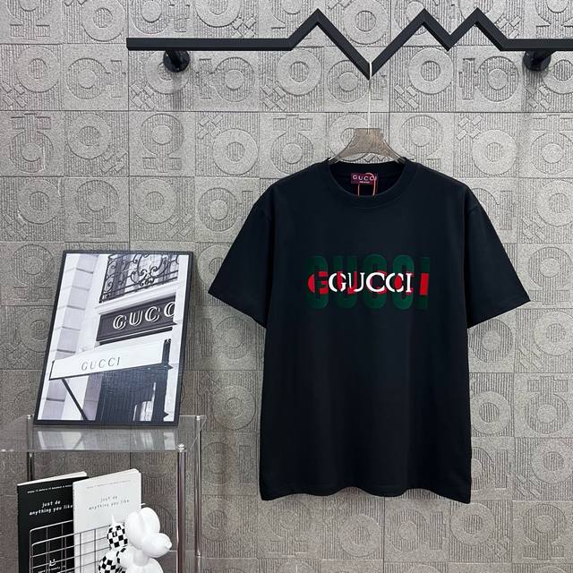 Gucci double letter logo flocking process 330g round neck short-sleeved T-shirt