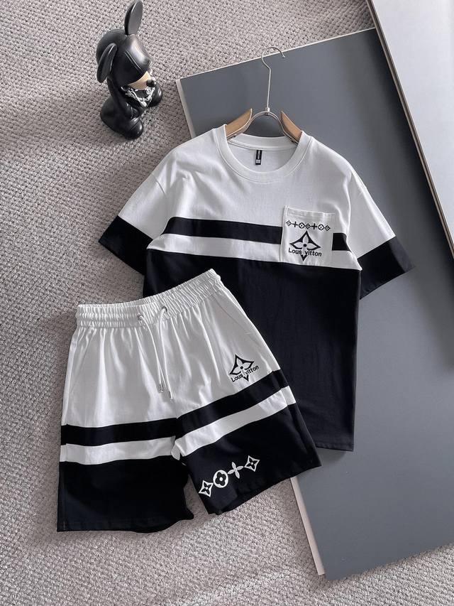 Brand Lv Louis Vuitton 2025 round neck short sleeve shorts suit Pure cotton fabr