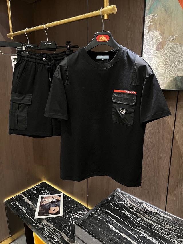 Brand Prada 2025 round neck short sleeve shorts suit Pure cotton fabric will not