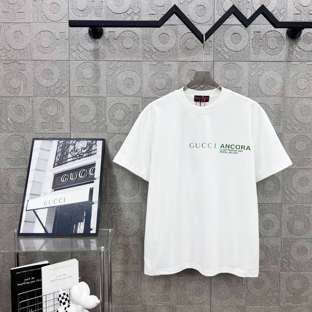 Gucci boutique simple small letter logo flocking process 330g round neck short-s