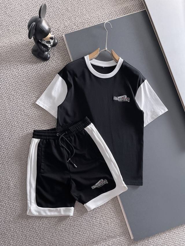 Brand Balenciaga Paris family 2025 round neck short sleeve shorts suit pure cott
