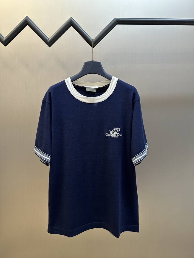 Dior contrast color round neck lily of the valley embroidery short sleeves Made