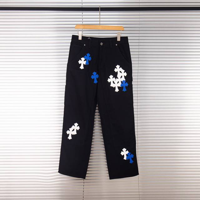 Chrome Hearts Black denim with white and blue multi-leather hot jeans Ch jeans n