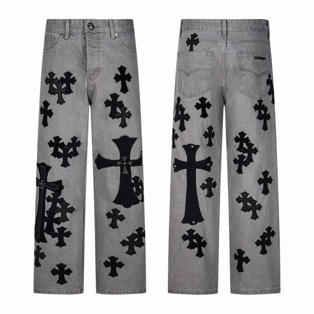 Chrome Hearts grey denim jeans Multi-leather standard work jeans Ch jeans need t