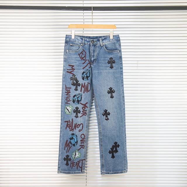 Chrome Hearts Chrome Hearts print stitching black leather classic washed jeans T