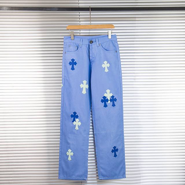Chrome Hearts 25Ss Dopamine Light Blue Cross Leather Washed Jeans - Full of expl