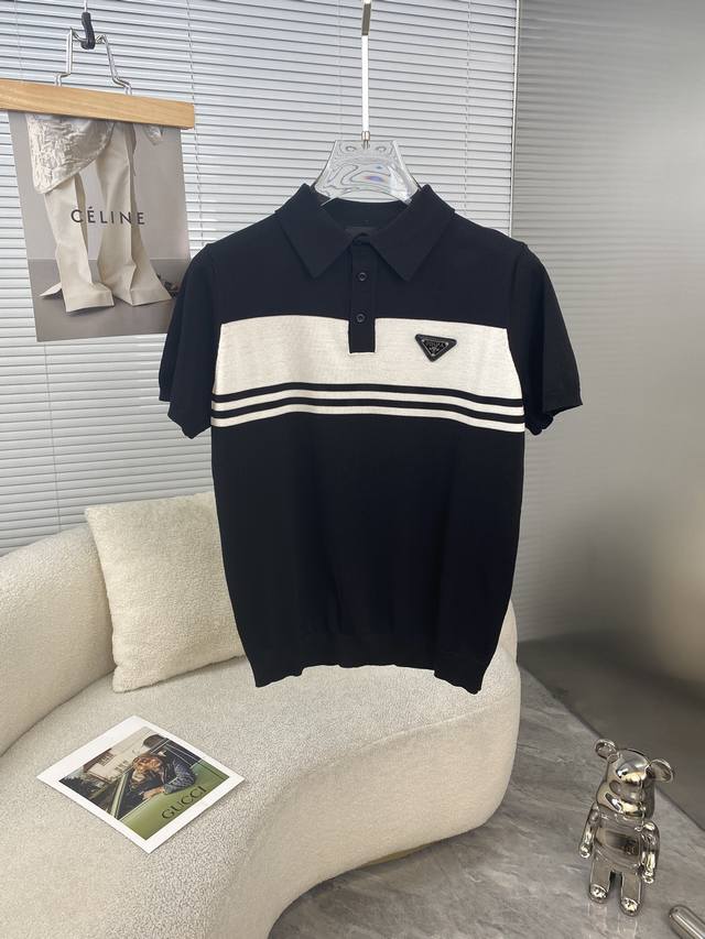 Prada Ss new spring and summer knitted elastic lapel T-shirt, men's fashionable