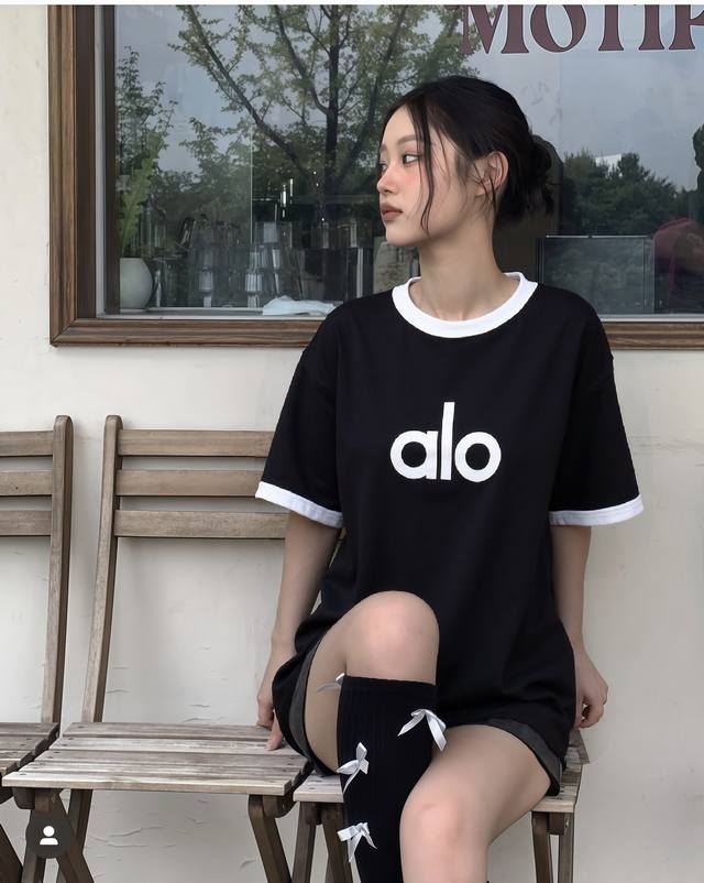 Alo contrast color stitching Ins style foam printing Logo loose lazy style T-shi
