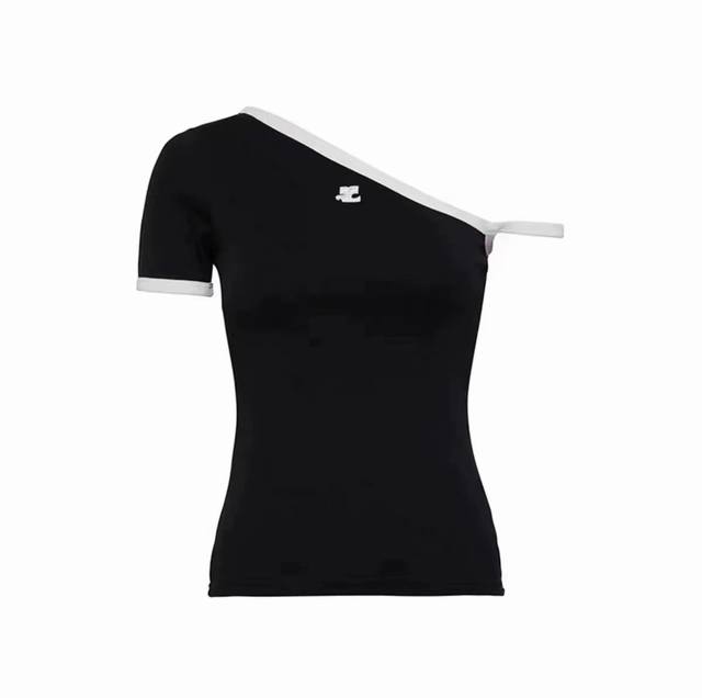 Courreges Korean brand embroidered logo off-shoulder oblique sling short slim sh