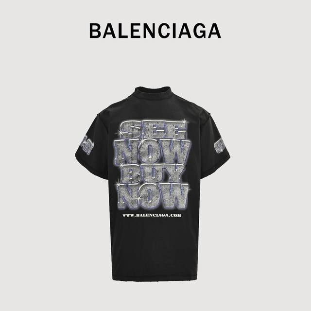 Balenciaga 25Ss diamond print washed distressed short-sleeved T-shirt Counter pr