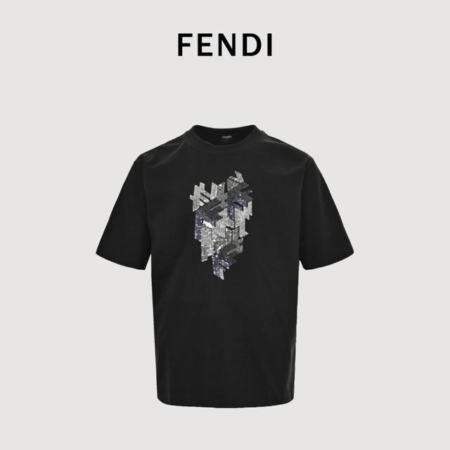 Fendi 24Ss 3D sequined sequin contrast embroidered short-sleeved T-shirt The ori