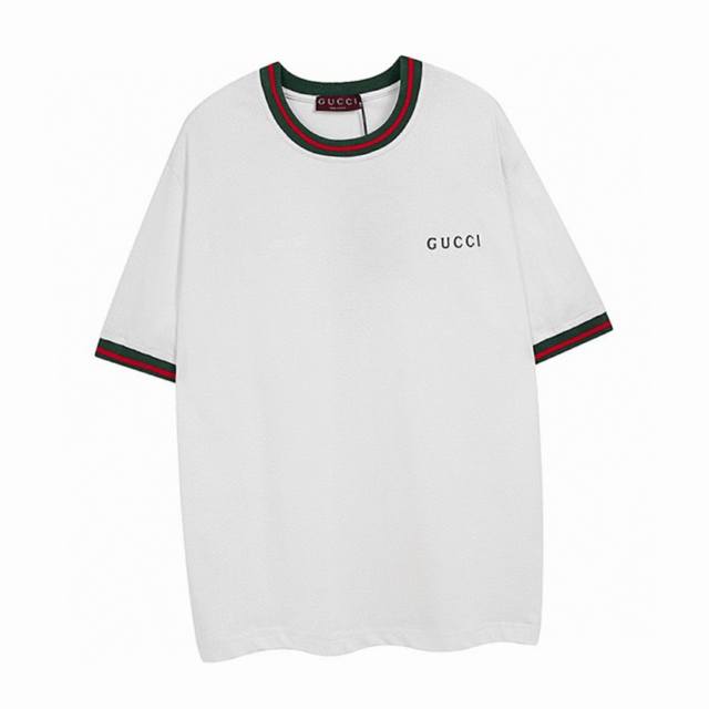 Gucci Summer new embroidered letters red and green ribbon round neck short-sleev