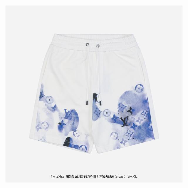 Lv 24Ss Rendering blue old flower letter print shorts The fabric is made of 380g