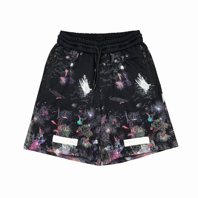 High version Off White 17Ss starry sky fireworks ink-splashed diagonal shorts, c