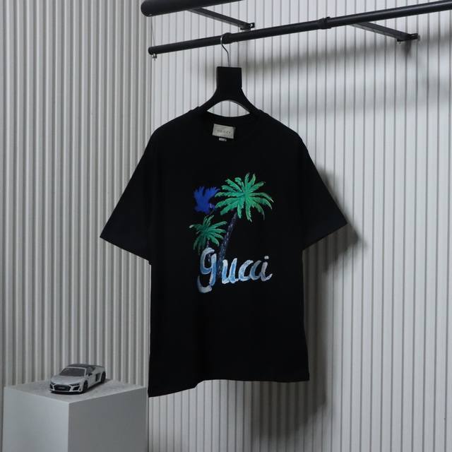 Coconut tree print short sleeves custom made 240g same vat dyed fabric feels ver