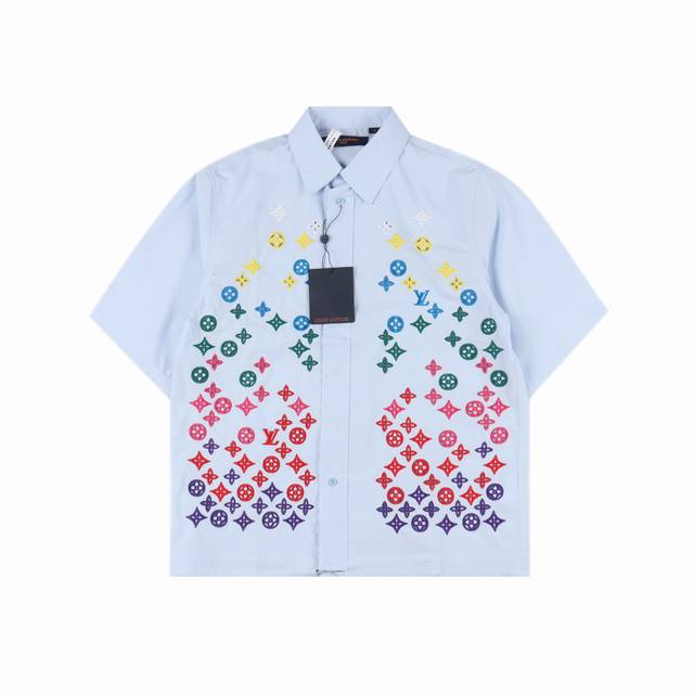 Louis Vuitton short-sleeved shirt with hollow monogram embroidery is made of hig